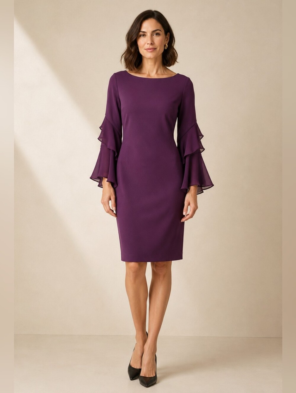 CALVIN KLEIN PLUM SHEATH DRESS TIERED CHIFFON LAYERED SLEEVE SIZE 12